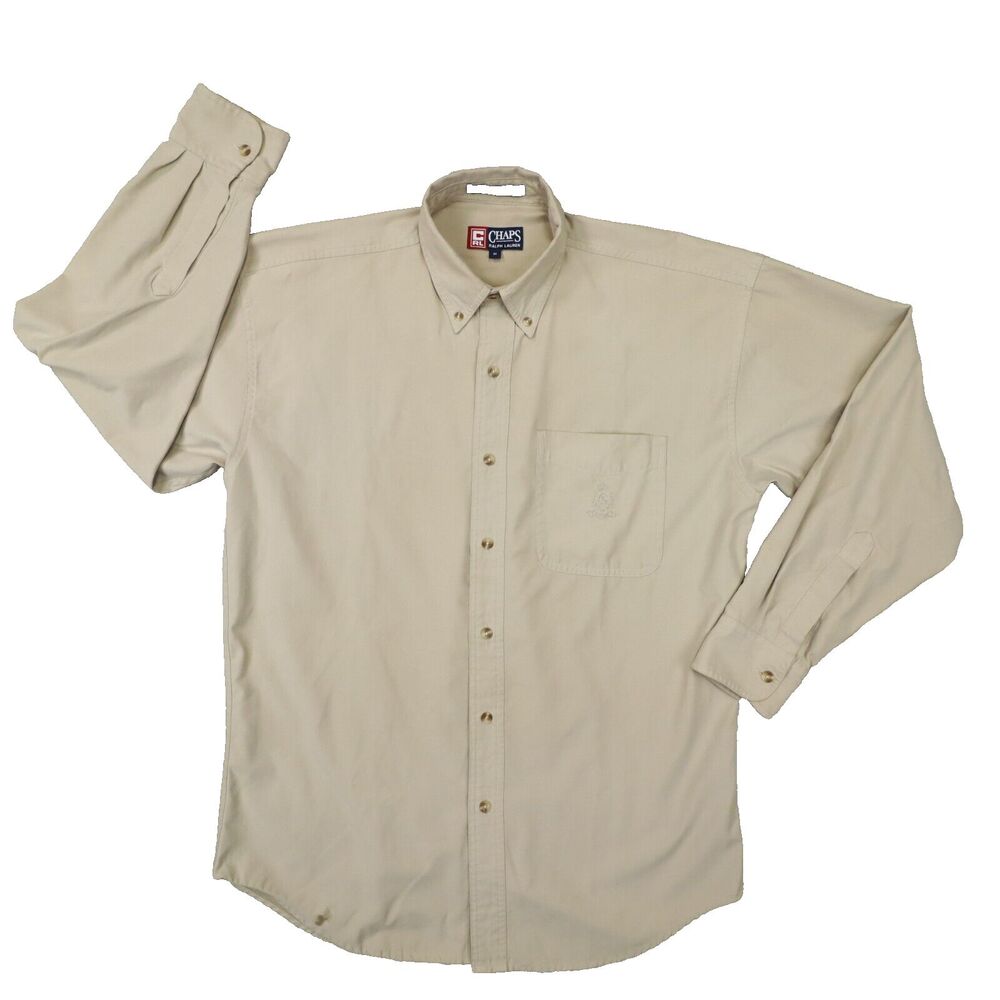 Chaps‎ Ralph Lauren Vintage Tan Performance Button Up Shirt Crested size Medium